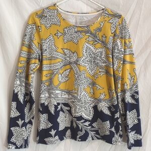 Talbots | Long Sleeve Tee Golden Yellow Navy Graphic Vine Leaf Print | SP